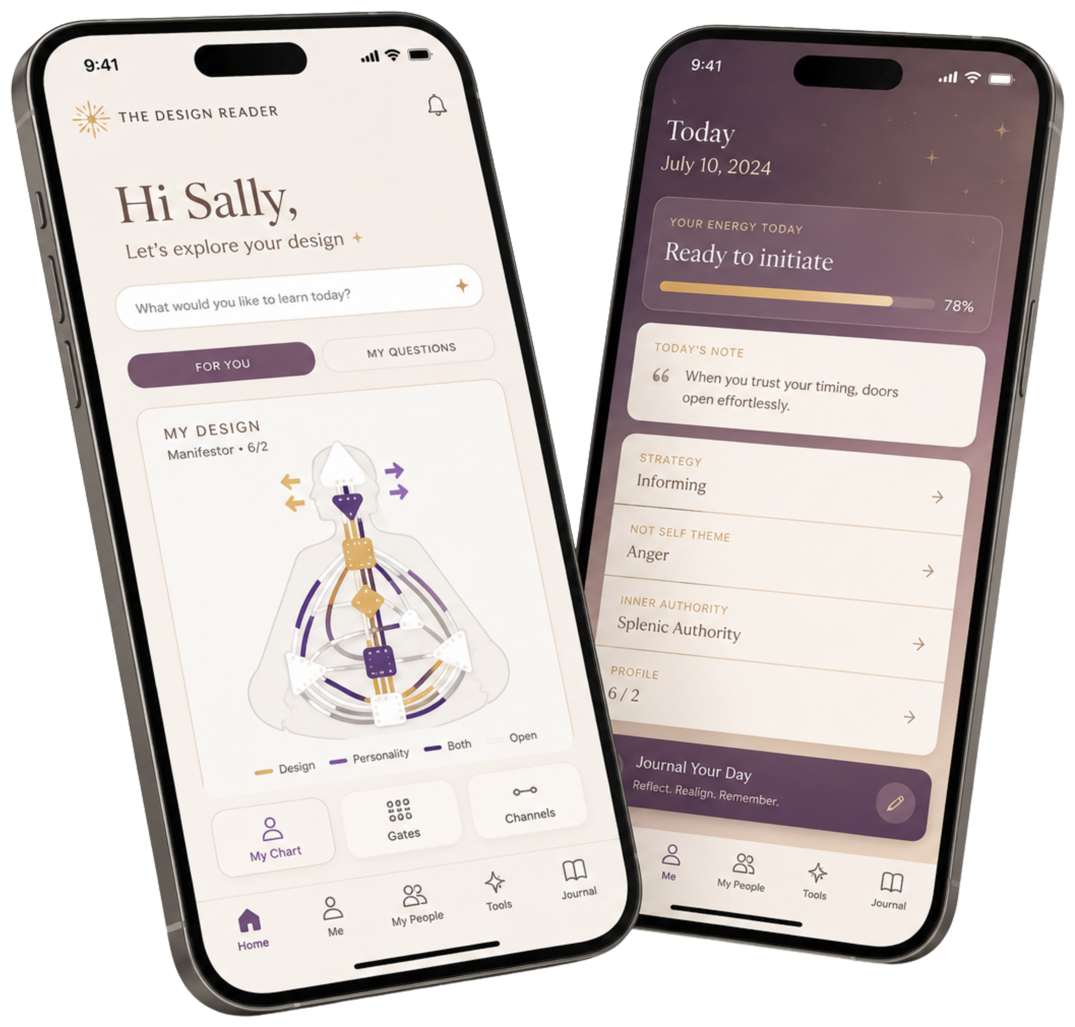 The Design Reader app on iPhone, showing your Human Design chart and daily guidance